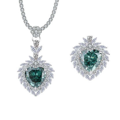 Douyin hot selling European and American high carbon diamond radiant mint green heart shaped 15*15 pendant ring set S925 silver-Mix MIx Style