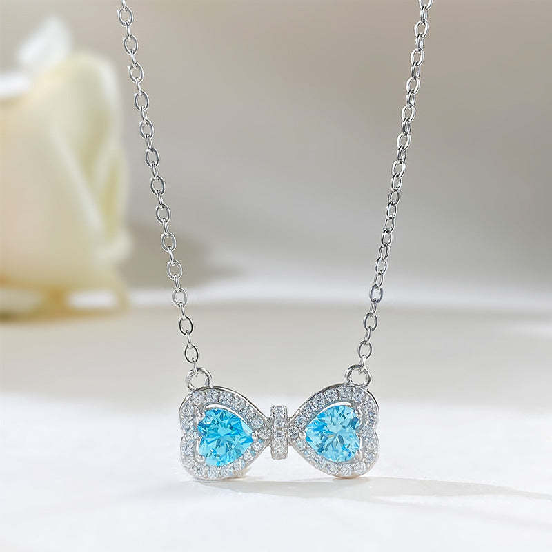 Blue Bow Shaped Timeless Heart Cut Moissanite Diamond 1.5ct Pendant Lo