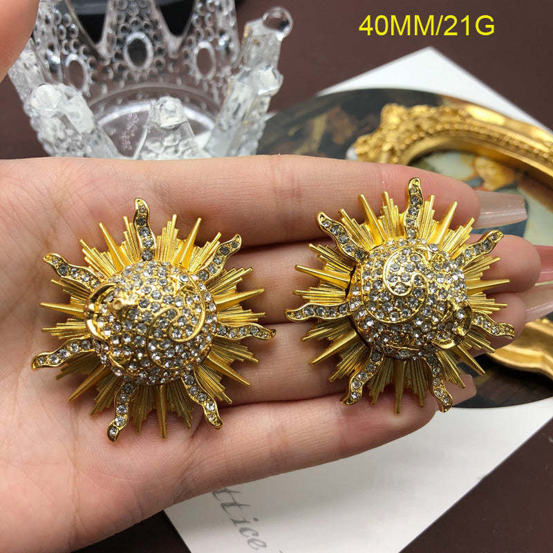 Sun Vintage Pendant White Micro Diamonds Luxury 18k Vermeil Gold Plated Earring Brooch Jewelry Set | Mix Mix Style-Mix MIx Style