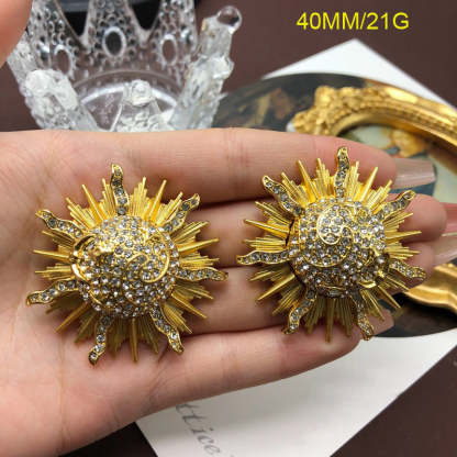 Sun Vintage Pendant White Micro Diamonds Luxury 18k Vermeil Gold Plated Earring Brooch Jewelry Set | Mix Mix Style-Mix MIx Style