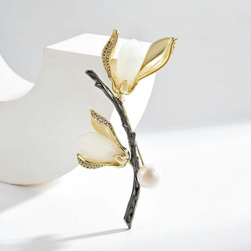 Magnolia Brooch High-end Women's Luxury Temperament Brooch Natural Hetian Jade High-end Corsage Freshwater Pearl Pin-Mix MIx Style