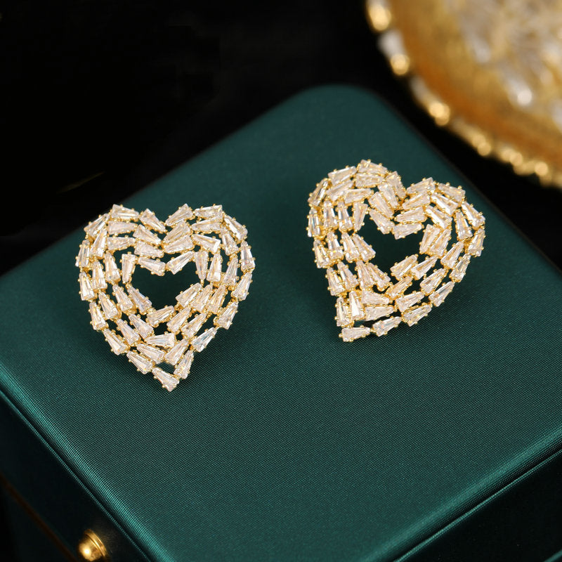 Korean style new earrings trendy niche design silver needle earrings trapezoidal zircon inlaid hollow love-shaped earrings-Mix MIx Style