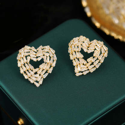Korean style new earrings trendy niche design silver needle earrings trapezoidal zircon inlaid hollow love-shaped earrings-Mix MIx Style