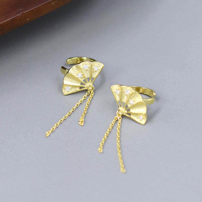 Original new product Shake Wind S925 sterling silver folding fan tassel ear bone clip new Chinese style national trend non-pierced earrings-Mix MIx Style