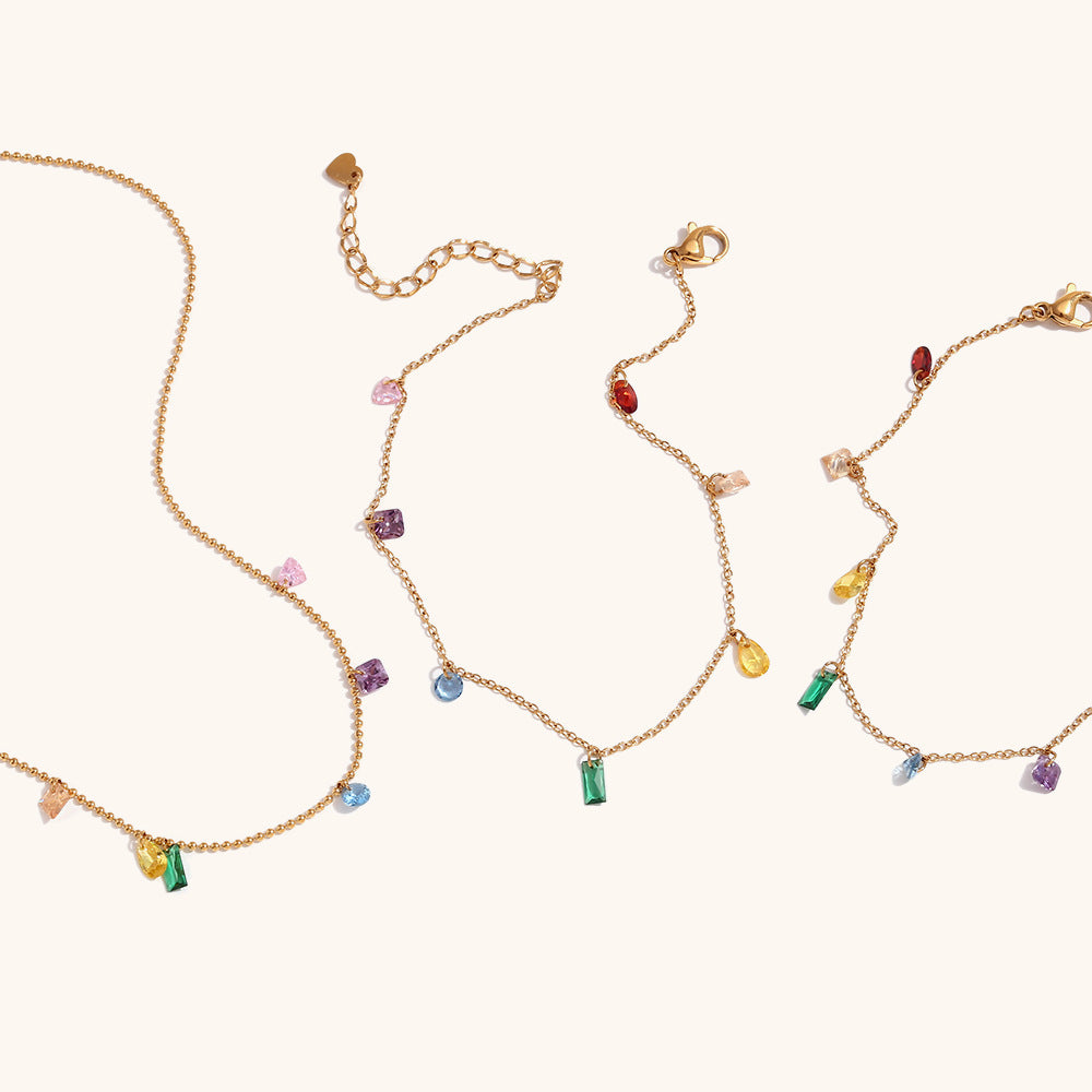 Multicolor Retro Classic Diamonds Luxury 18k Vermeil Gold Plated Necklace Bracelet & Anklet Jewelry Set | Mix Mix Style-Mix MIx Style