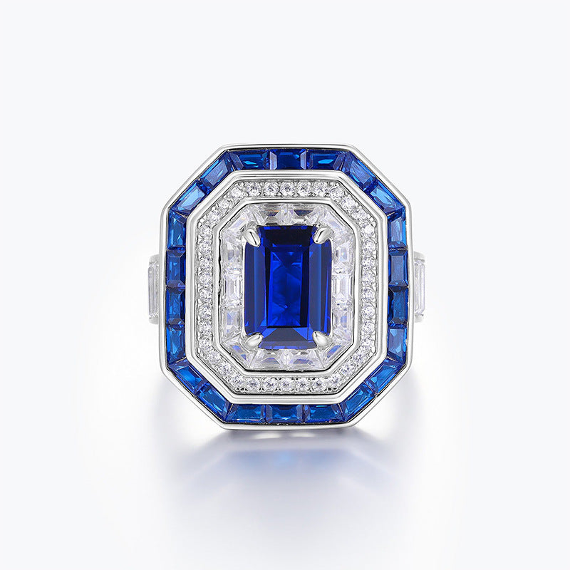 Vintage Royal Blue Emerald Cut Moissanite Diamond 4ct 18k White Gold Engagement Ring | Mix Mix Style-Mix MIx Style