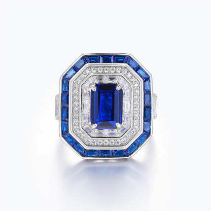 Vintage Royal Blue Emerald Cut Moissanite Diamond 4ct 18k White Gold Engagement Ring | Mix Mix Style-Mix MIx Style
