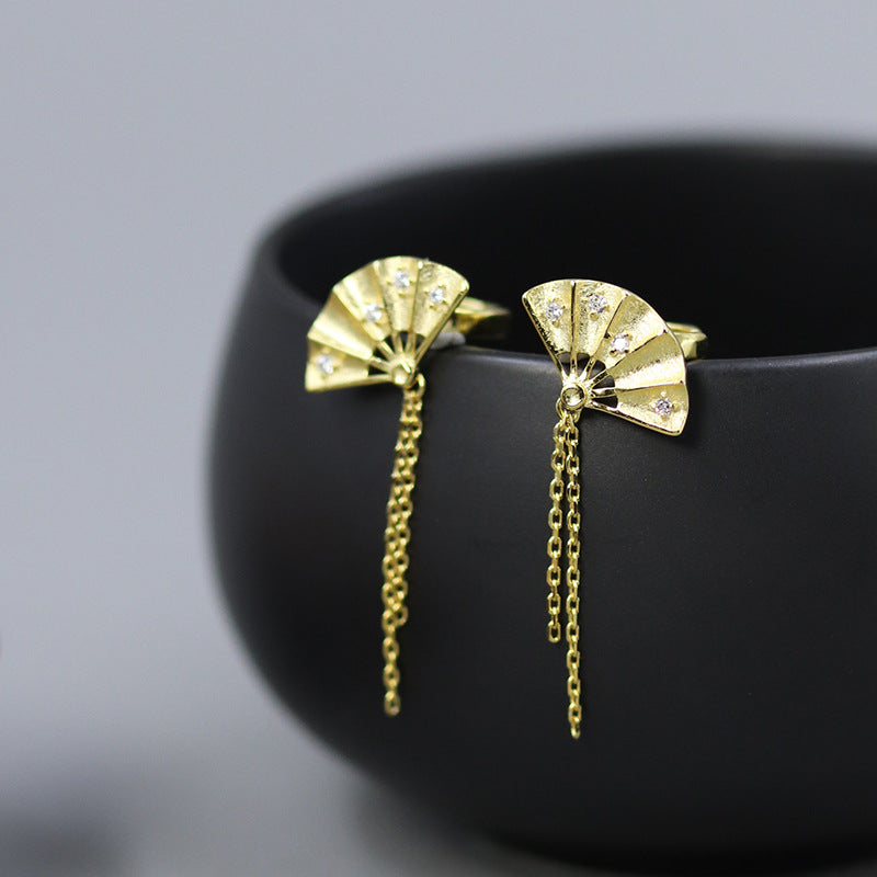 Original new product Shake Wind S925 sterling silver folding fan tassel ear bone clip new Chinese style national trend non-pierced earrings-Mix MIx Style