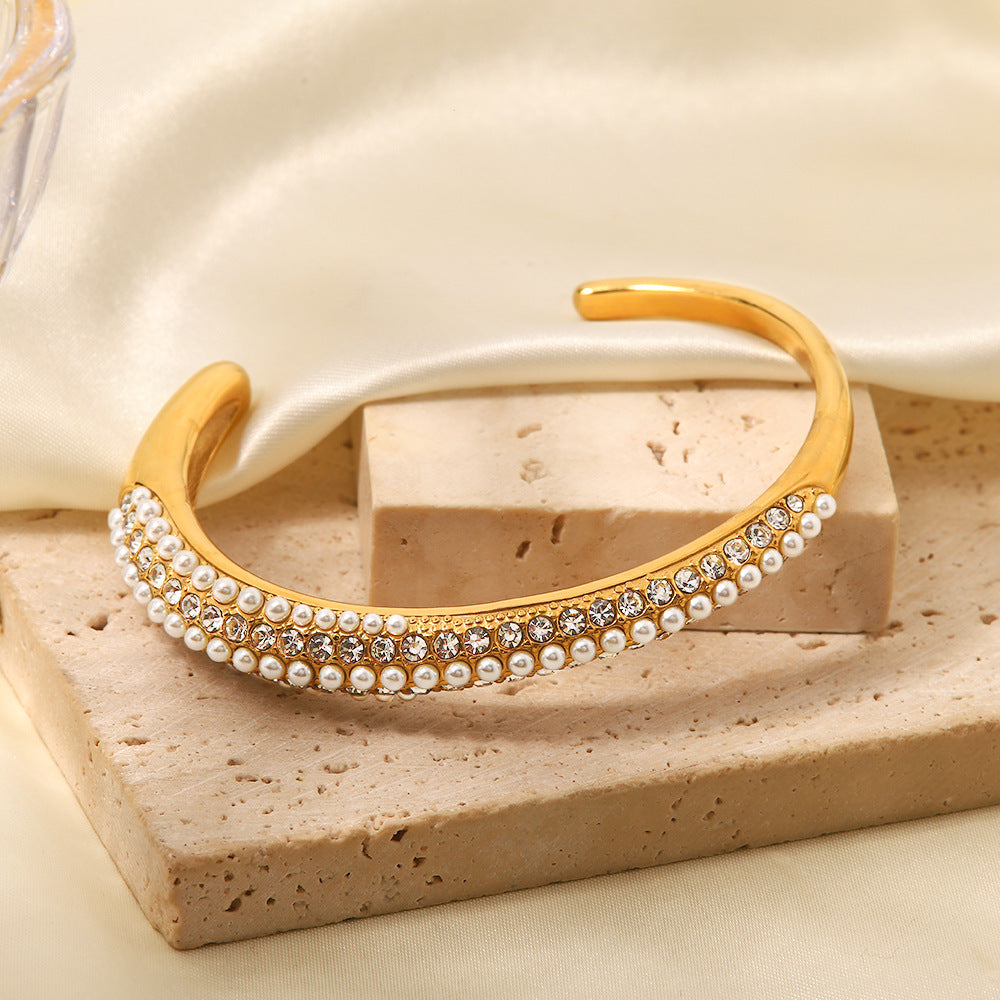 INS Fashion New Versatile Titanium Steel Bracelet 18K Gold Plated Multi-layer Full Diamond Pearl Bracelet Trendy Women's Hand Accessories-Mix MIx Style