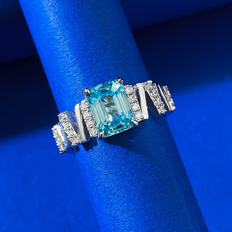 Mu Jing's new S925 silver 6*8 rectangular 3ct car flat light sea blue ring for women simple and atmospheric diamond ring one piece drop shipping-Mix MIx Style