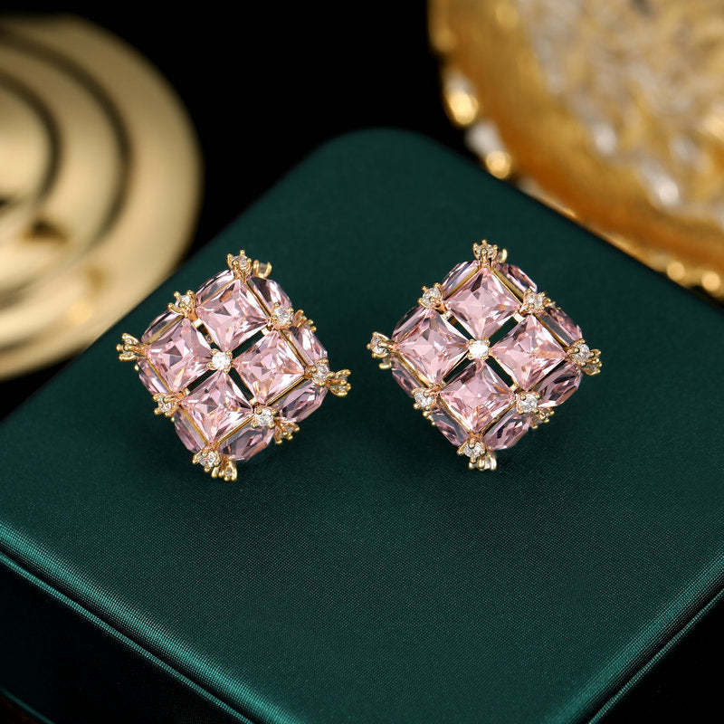s925 silver needle light luxury high-end earrings wholesale niche design Korean style trendy geometric three-dimensional square crystal earrings-Mix MIx Style