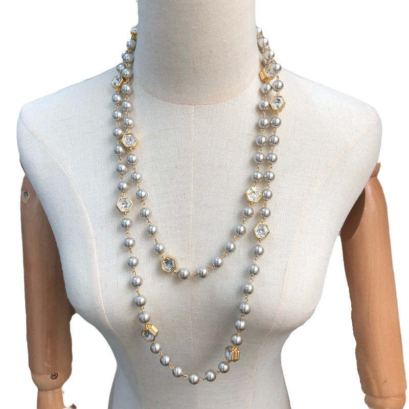 Slver Vintage Classic Multi-Layer Grey/ White PEarls Luxury 18k Gold Plated Long Necklace Jewelry | Mix Mix Style-Mix MIx Style