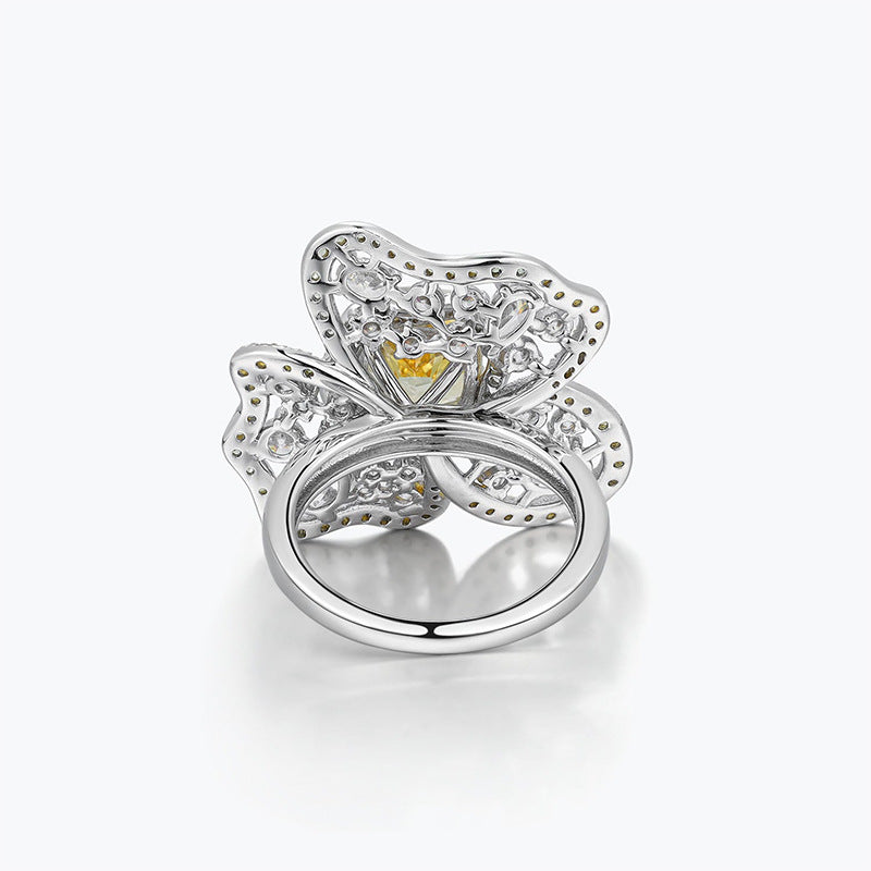 Yellow Retro Flower Cushion Cut Moissanite Diamond 18k White Gold Engagement Ring | Mix Mix Style-Mix MIx Style
