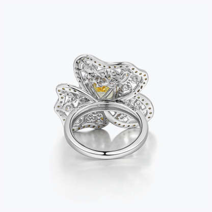 Yellow Retro Flower Cushion Cut Moissanite Diamond 18k White Gold Engagement Ring | Mix Mix Style-Mix MIx Style