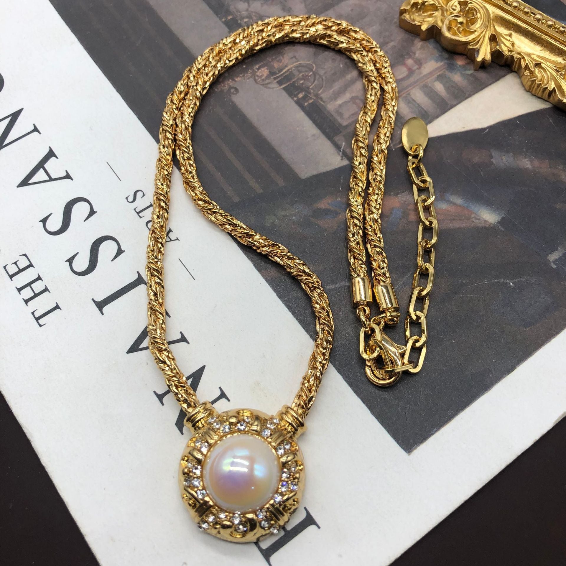 Retro White Pendant Akoya Pearl Luxury 18k Vermeil Gold Plated Necklace Earrings Jewelry Set | Mix Mix Style-Mix MIx Style