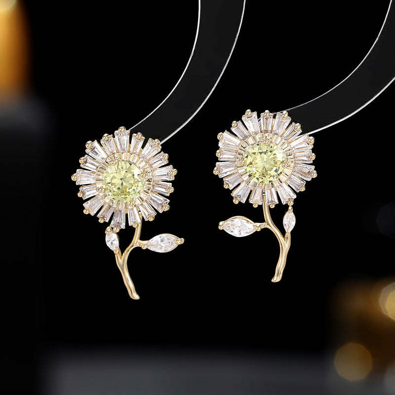 Light luxury high-end zircon inlaid earrings s925 silver needle niche designer sunflower daisy earrings-Mix MIx Style