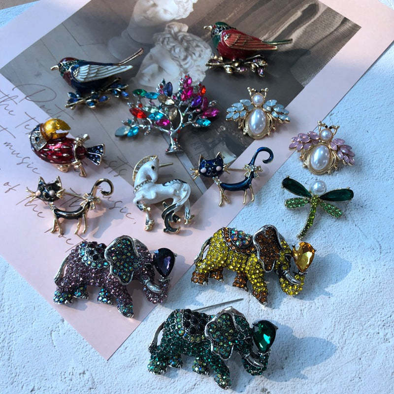 Cute colorful  diamond pearl elegant  glaze pin brooch bird, cat, elephant, dragonfly | Mix Mix Style [Hot Seller]-Mix MIx Style