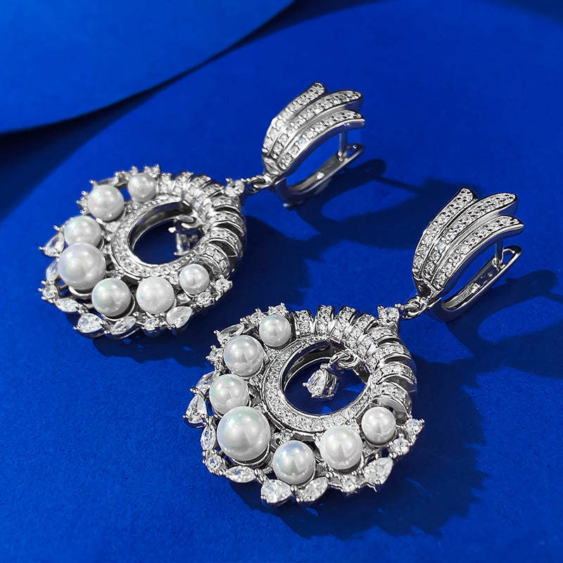 Mujing Jewelry 2023 New S925 Silver French Retro Full Diamond Pearl Earrings Feminine Fashion European and American Style-Mix MIx Style