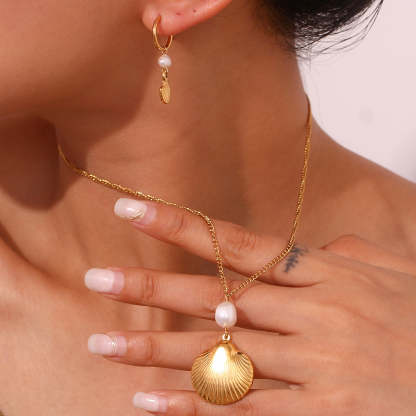 Seashell Retro Classic Akoya Pearl Pendant Luxury 18k Vermeil Gold Plated Necklace Earring Jewelry Set | Mix Mix Style-Mix MIx Style