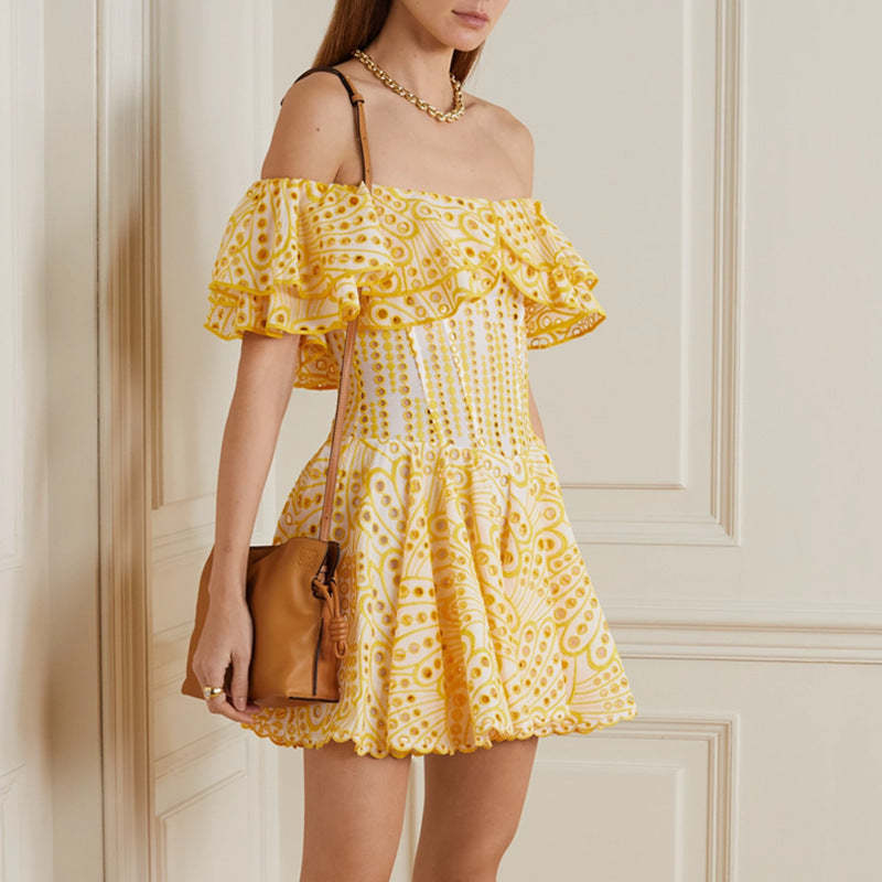 yellow off shoulder ruffle embroidery pleated summer casual mini dress