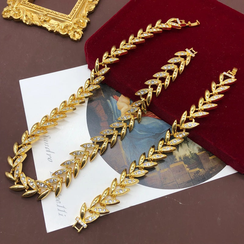 Leafs Retro Diamonds Luxury 18k Vermeil Gold Plated Necklace Bracelet Jewelry Set | Mix Mix Style-Mix MIx Style
