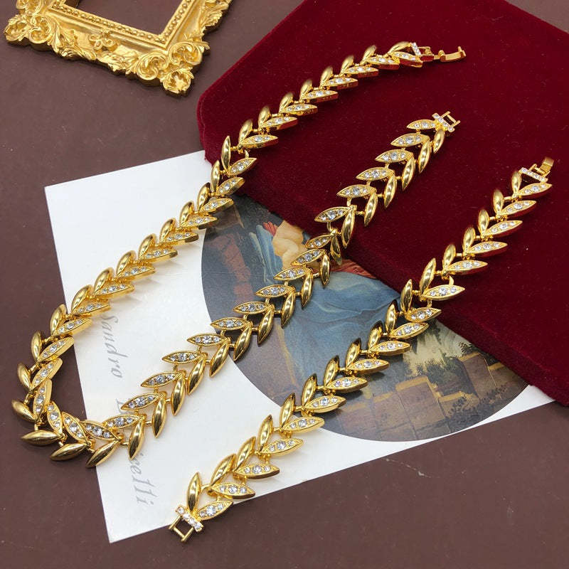 Leafs Retro Diamonds Luxury 18k Vermeil Gold Plated Necklace Bracelet Jewelry Set | Mix Mix Style-Mix MIx Style
