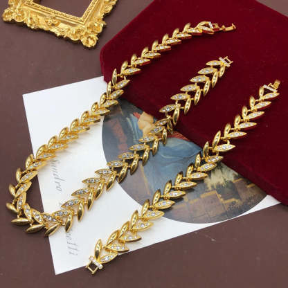 Leafs Retro Diamonds Luxury 18k Vermeil Gold Plated Necklace Bracelet Jewelry Set | Mix Mix Style-Mix MIx Style