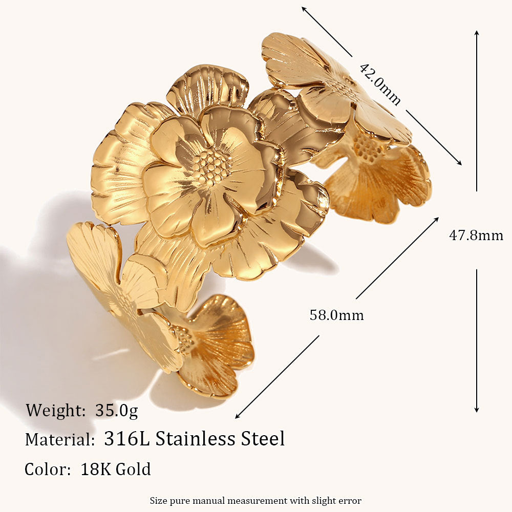 European and American cross-border hot selling fashion personality exaggerated stainless steel plated 18K gold simple open flower bracelet jewelry-Mix MIx Style
