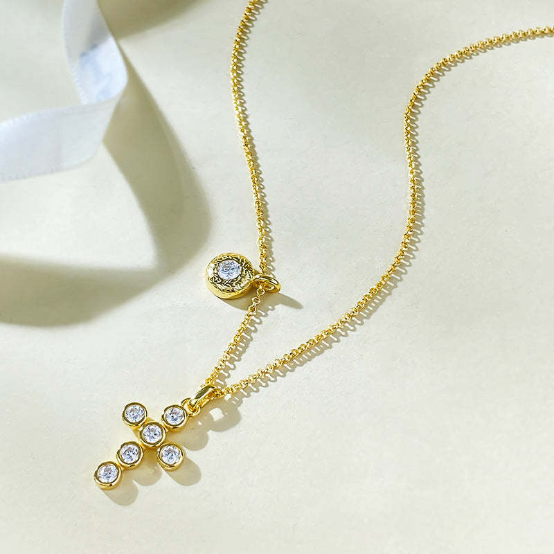 Gold Cross Retro Pendant Round Cut Diamonds Luxury 18k Gold Plated Necklace Jewelry | Mix Mix Style-Mix MIx Style