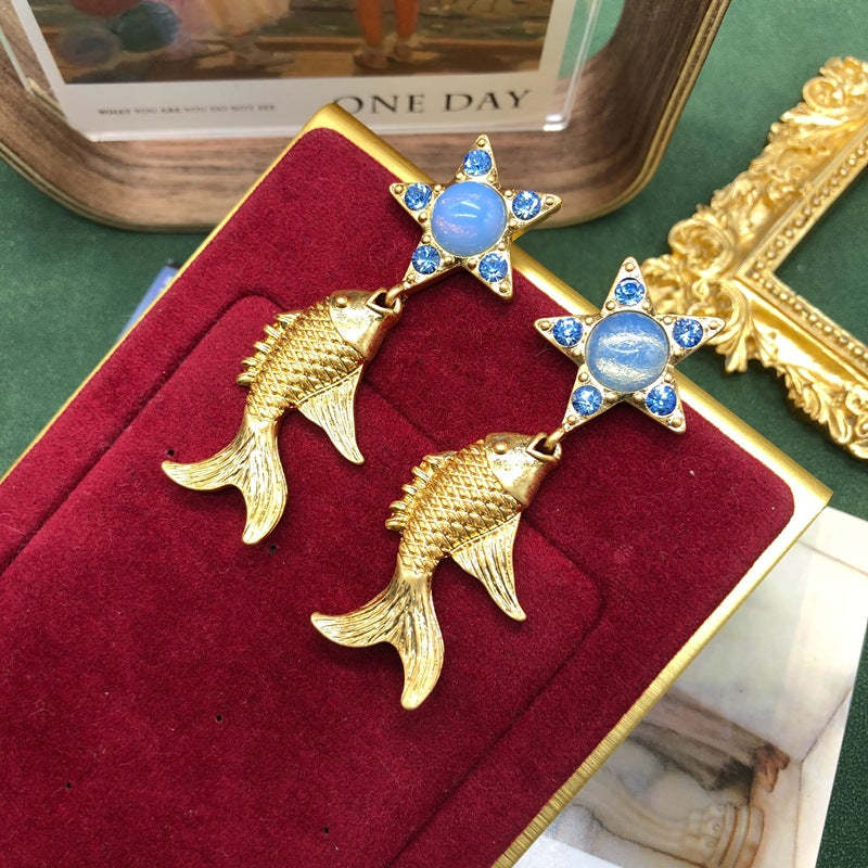 Blue Star Goldfish Shaped Pendant Moissanite Diamonds 18k Vermeil Gold Plated Drop Earrings | Mix Mix Style-Mix MIx Style