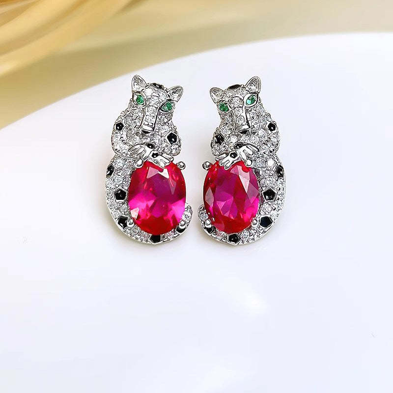 Kajia Fashion Retro Colored Gem Leopard Earrings High Carbon Diamond Light Luxury Niche High-end Emerald Pigeon Blood Red Earrings-Mix MIx Style