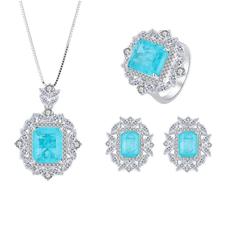 European and American fashion hot selling simulated Paraiba ring pendant 10*12 earrings 6*8 set S925 silver-Mix MIx Style