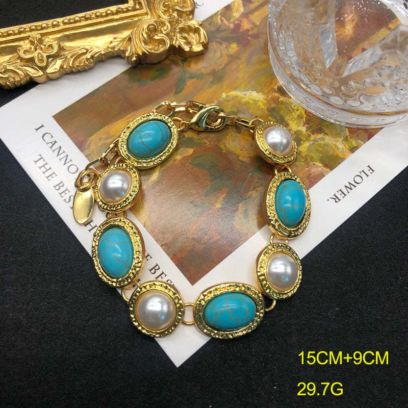 Blue Aquamarine Gemstones Vintage White Akoya Pearls Luxury 18k Vermeil Gold Plated Necklace Earring Bracelet Jewelry Set | Mix Mix Style-Mix MIx Style