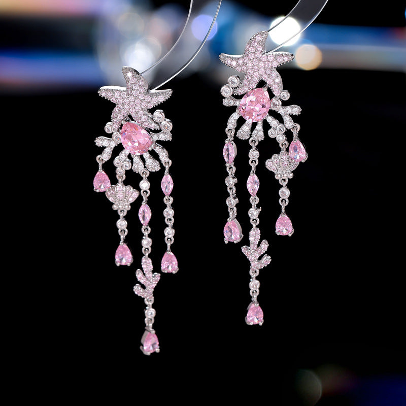 s925 silver needle European and American style light luxury high-end earrings wholesale coral shell starfish water drop long tassel earrings-Mix MIx Style