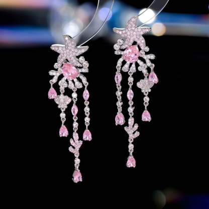 s925 silver needle European and American style light luxury high-end earrings wholesale coral shell starfish water drop long tassel earrings-Mix MIx Style