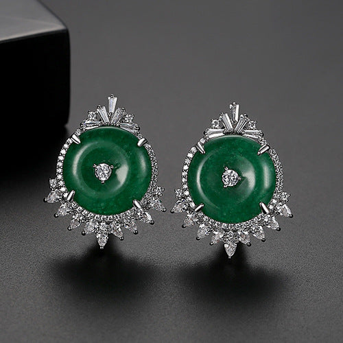 Green Circle Classic Moissanite Diamonds Elegant 18k White Gold Plated Vintage Retro Stud Earrings | Mix Mix Style-Mix MIx Style