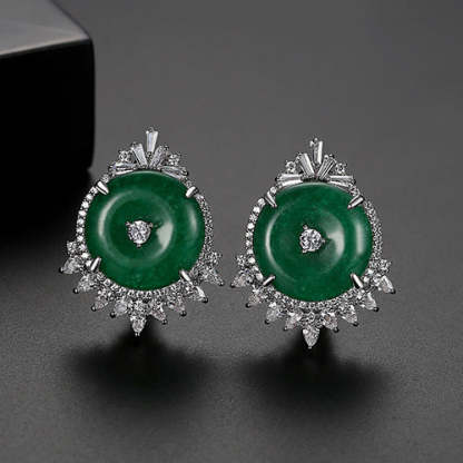 Green Circle Classic Moissanite Diamonds Elegant 18k White Gold Plated Vintage Retro Stud Earrings | Mix Mix Style-Mix MIx Style
