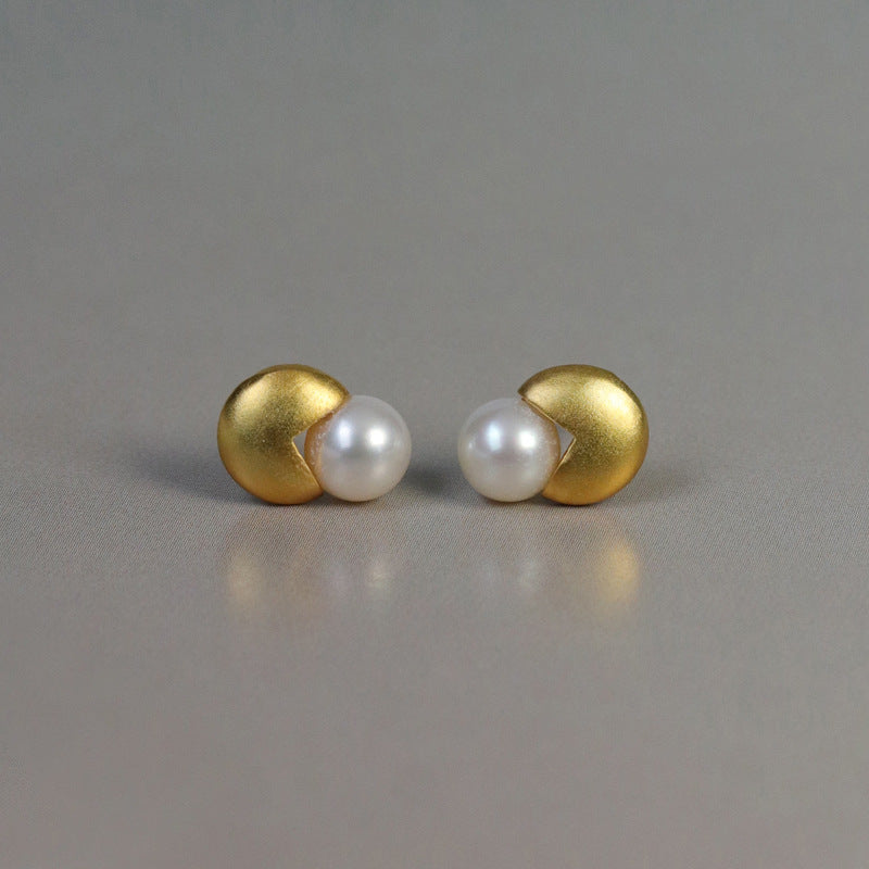 Two-color Circle White Akoya Pearl Elegant 18k White/Vermeil Gold Plated Stud Earrings | Mix Mix Style-Mix MIx Style