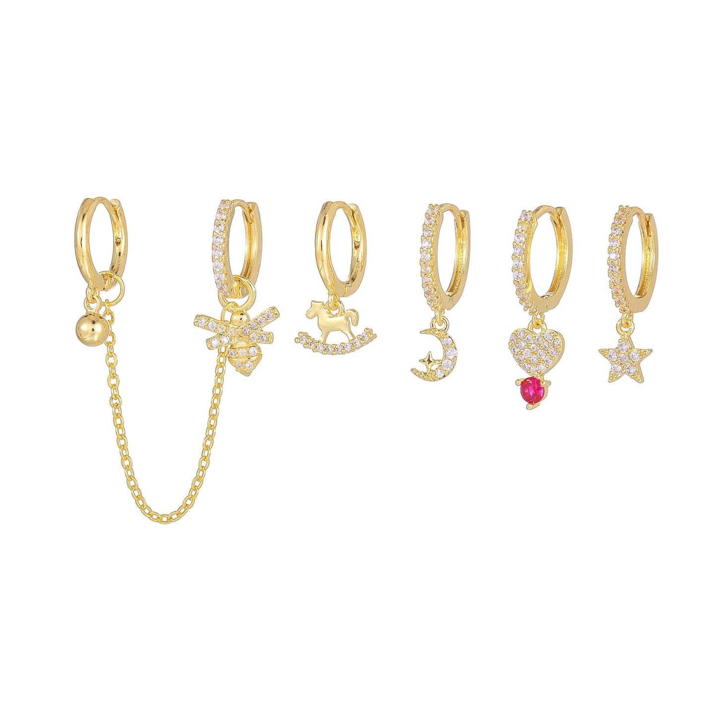Cross-border hot-selling chain tassel bee earrings fashionable heart-shaped five-pointed star earrings set copper-plated real gold earrings-Mix MIx Style