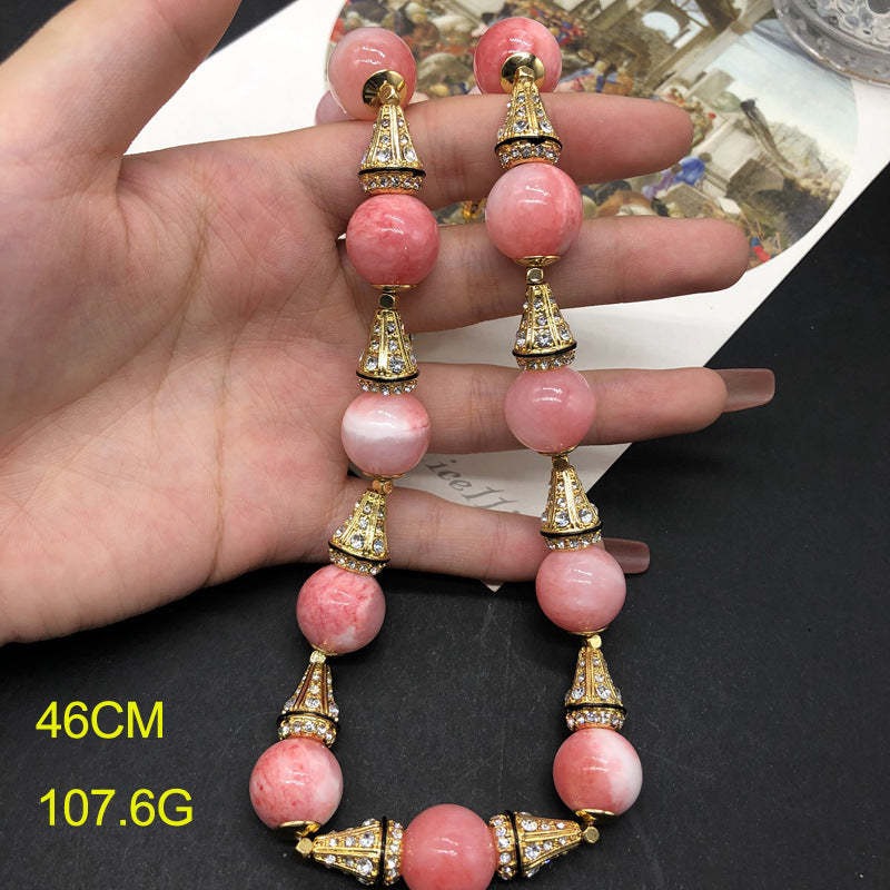 Pink Round Beads Retro Classic Luxury 18k Vermeil Gold Plated Necklace Earrings Jewelry Set | Mix Mix Style-Mix MIx Style