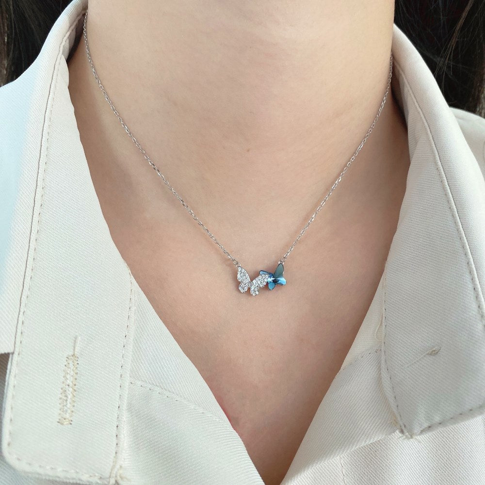 S925 sterling silver necklace for women Austrian crystal niche design high-end blue butterfly pendant clavicle chain for women-Mix MIx Style