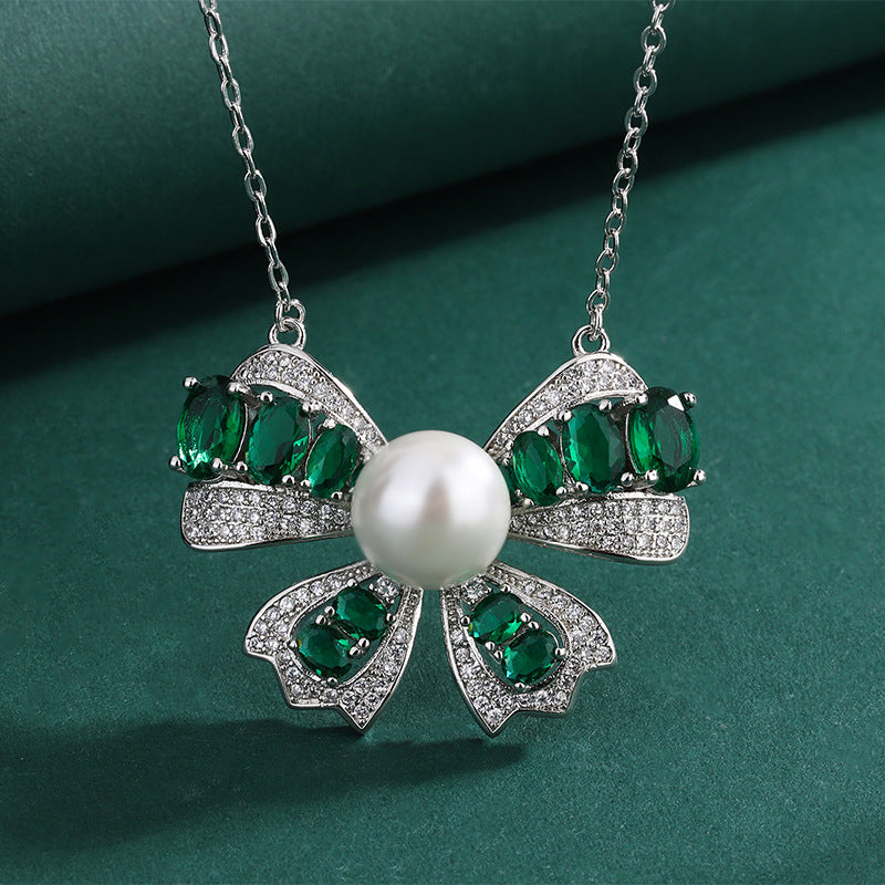 Green Bow Vintage Pendant Diamonds Luxury 18k White Gold Plated Necklace Ring Jewelry Set | Mix Mix Style-Mix MIx Style