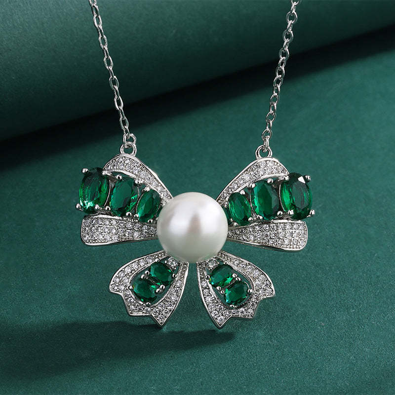 Green Bow Vintage Pendant Diamonds Luxury 18k White Gold Plated Necklace Ring Jewelry Set | Mix Mix Style-Mix MIx Style