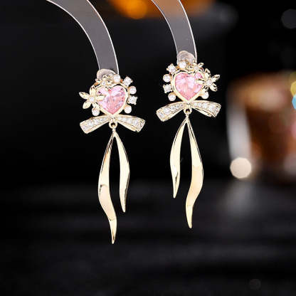 Korean style fresh temperament sweet girl heart earrings zircon earrings s925 silver needle ribbon bow love earrings-Mix MIx Style