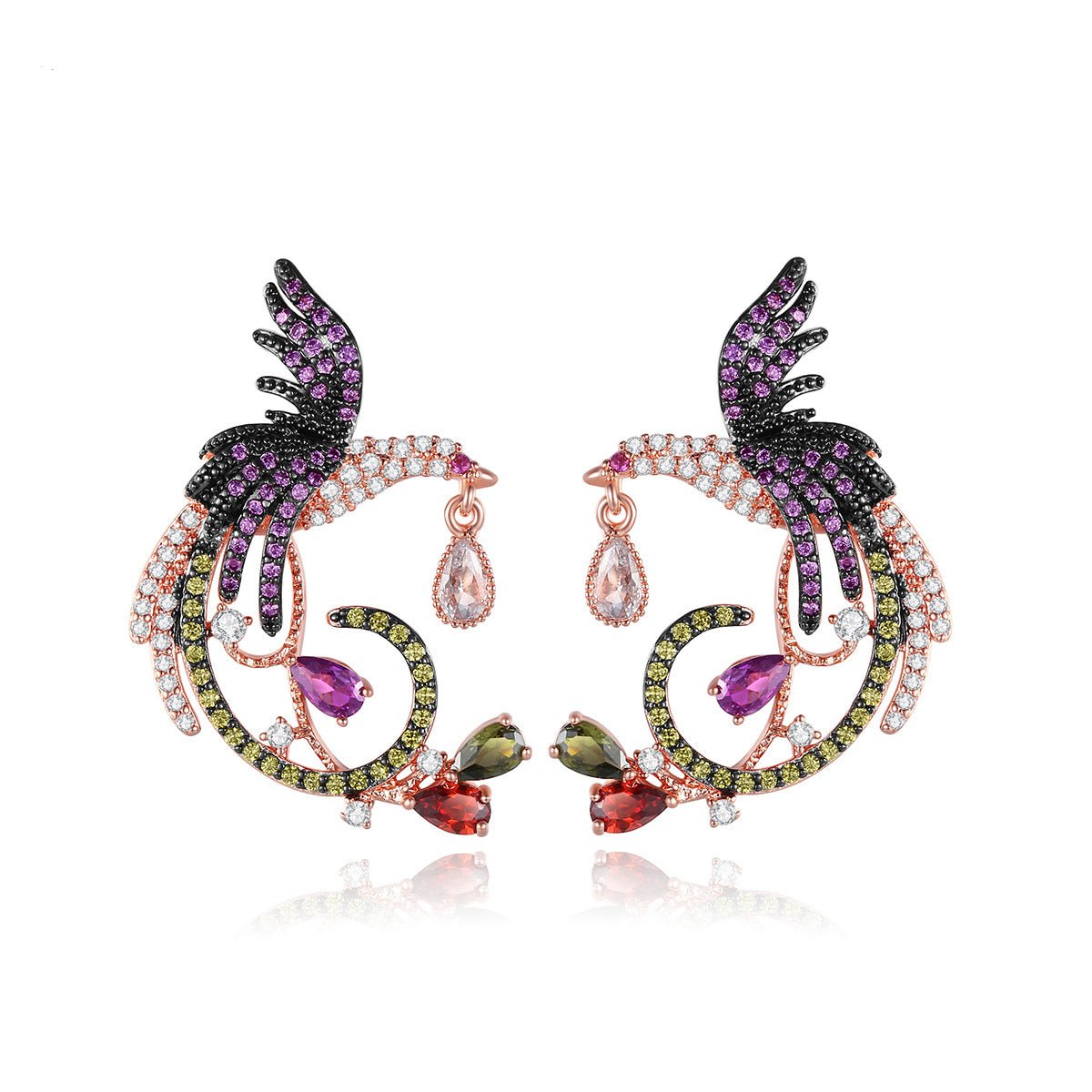 Embellished Bird Multicolor Moissanite Diamonds 18k White Gold Plated Vintage Retro Drop Earrings | Mix Mix Style-Mix MIx Style