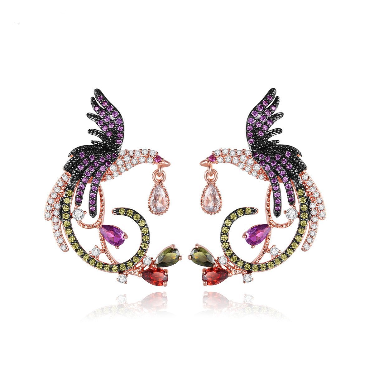 Embellished Bird Multicolor Moissanite Diamonds 18k White Gold Plated Vintage Retro Drop Earrings | Mix Mix Style-Mix MIx Style