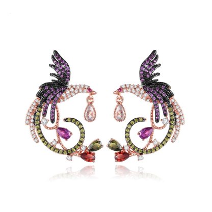 Embellished Bird Multicolor Moissanite Diamonds 18k White Gold Plated Vintage Retro Drop Earrings | Mix Mix Style-Mix MIx Style