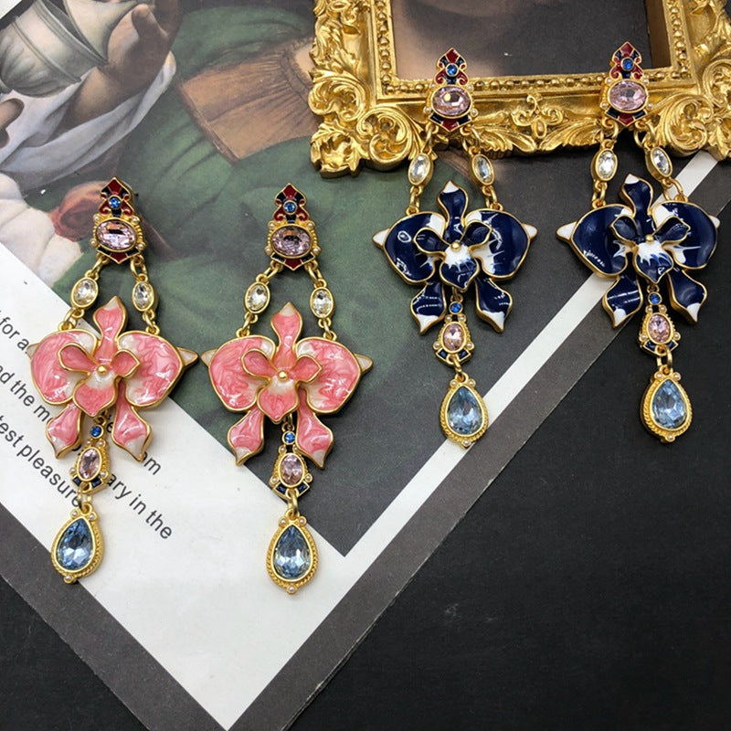 Blue - Pink Flower Shaped Drop Pear Cut Moissanite Diamonds Luxury 18k Vermeil Gold Plated Drop Earrings | Mix Mix Style-Mix MIx Style