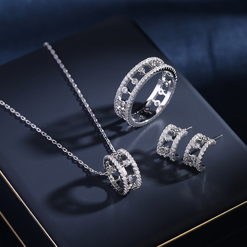 Niche design high-end hollow clavicle chain zircon inlaid ring semi-circular C-circle earrings jewelry set-Mix MIx Style