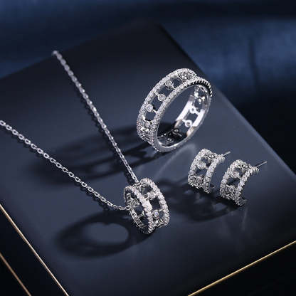 Niche design high-end hollow clavicle chain zircon inlaid ring semi-circular C-circle earrings jewelry set-Mix MIx Style